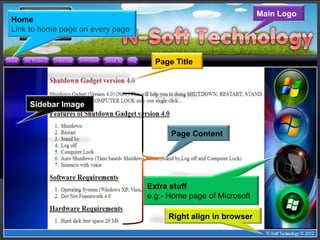 Main Logo
Home
Link to home page on every page



                                    Page Title




    Sidebar Image


                                        Page Content




                                  Extra stuff
                                  e.g:- Home page of Microsoft

                                       Right align in browser
 