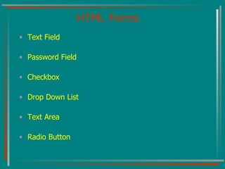 HTML Forms Text Field Password Field Checkbox Drop Down List Text Area Radio Button 