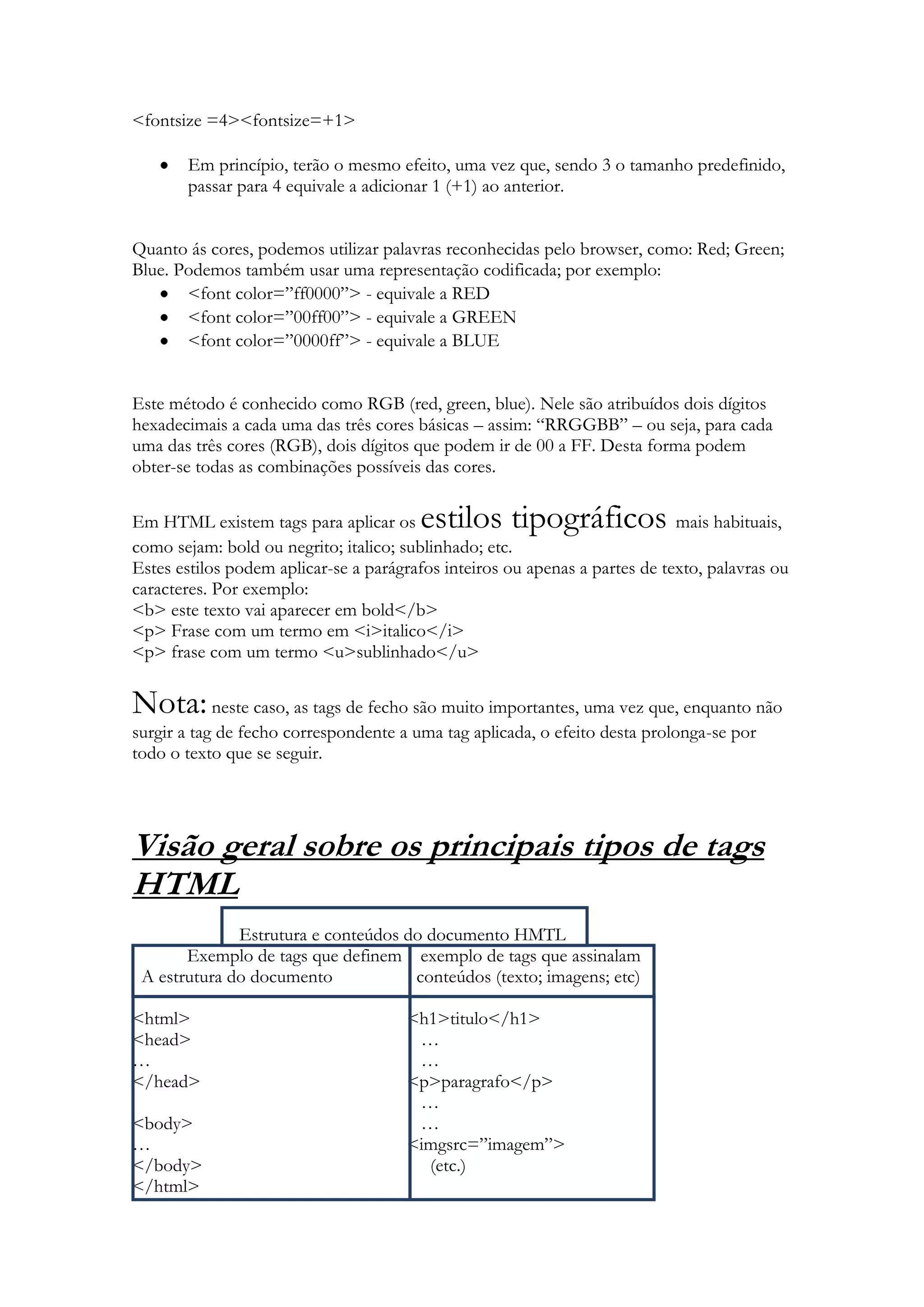 <fontsize =4><fontsize=+1>

       Em princípio, terão o mesmo efeito, uma vez que, sendo 3 o tamanho predefinido,
       passar para 4 equivale a adicionar 1 (+1) ao anterior.


Quanto ás cores, podemos utilizar palavras reconhecidas pelo browser, como: Red; Green;
Blue. Podemos também usar uma representação codificada; por exemplo:
       <font color=”ff0000”> - equivale a RED
       <font color=”00ff00”> - equivale a GREEN
       <font color=”0000ff”> - equivale a BLUE


Este método é conhecido como RGB (red, green, blue). Nele são atribuídos dois dígitos
hexadecimais a cada uma das três cores básicas – assim: “RRGGBB” – ou seja, para cada
uma das três cores (RGB), dois dígitos que podem ir de 00 a FF. Desta forma podem
obter-se todas as combinações possíveis das cores.

Em HTML existem tags para aplicar os    estilos tipográficos                 mais habituais,
como sejam: bold ou negrito; italico; sublinhado; etc.
Estes estilos podem aplicar-se a parágrafos inteiros ou apenas a partes de texto, palavras ou
caracteres. Por exemplo:
<b> este texto vai aparecer em bold</b>
<p> Frase com um termo em <i>italico</i>
<p> frase com um termo <u>sublinhado</u>

Nota: neste caso, as tags de fecho são muito importantes, uma vez que, enquanto não
surgir a tag de fecho correspondente a uma tag aplicada, o efeito desta prolonga-se por
todo o texto que se seguir.




Visão geral sobre os principais tipos de tags
HTML
              Estrutura e conteúdos do documento HMTL
       Exemplo de tags que definem exemplo de tags que assinalam
 A estrutura do documento            conteúdos (texto; imagens; etc)

<html>                                <h1>titulo</h1>
<head>                                 …
…                                      …
</head>                               <p>paragrafo</p>
                                       …
<body>                                 …
…                                     <imgsrc=”imagem”>
</body>                                 (etc.)
</html>
 