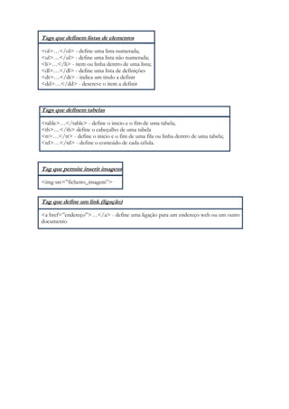 Tags que definem listas de elementos

<ol>…</ol> - define uma lista numerada;
<ul>…</ul> - define uma lista não numerada;
<li>…</li> - item ou linha dentro de uma lista;
<dl>…</dl> - define uma lista de definições
<dt>…</dt> - indica um titulo a definir
<dd>…</dd> - descreve o item a definir



Tags que definem tabelas

<table>…</table> - define o inicio e o fim de uma tabela;
<th>…</th> define o cabeçalho de uma tabela
<tr>…</tr> - define o inicio e o fim de uma fila ou linha dentro de uma tabela;
<td>…</td> - define o conteúdo de cada célula.



Tag que permite inserir imagens

<img src=”ficheiro_imagem”>


Tag que define um link (ligação)

<a href=”endereço”>…</a> - define uma ligação para um endereço web ou um outro
documento
 
