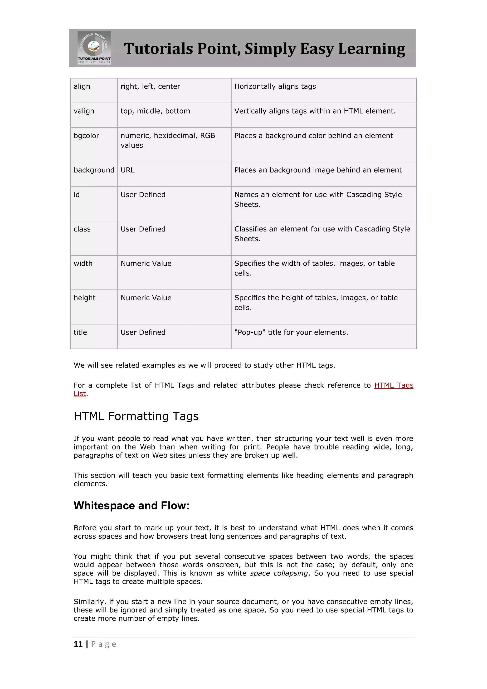 Tutorials Point, Simply Easy Learning

align          right, left, center           Horizontally aligns tags


valign         top, middle, bottom           Vertically aligns tags within an HTML element.


bgcolor        numeric, hexidecimal, RGB     Places a background color behind an element
               values


background URL                               Places an background image behind an element


id             User Defined                  Names an element for use with Cascading Style
                                             Sheets.


class          User Defined                  Classifies an element for use with Cascading Style
                                             Sheets.


width          Numeric Value                 Specifies the width of tables, images, or table
                                             cells.


height         Numeric Value                 Specifies the height of tables, images, or table
                                             cells.


title          User Defined                  "Pop-up" title for your elements.



We will see related examples as we will proceed to study other HTML tags.

For a complete list of HTML Tags and related attributes please check reference to HTML Tags
List.


HTML Formatting Tags
If you want people to read what you have written, then structuring your text well is even more
important on the Web than when writing for print. People have trouble reading wide, long,
paragraphs of text on Web sites unless they are broken up well.

This section will teach you basic text formatting elements like heading elements and paragraph
elements.


Whitespace and Flow:
Before you start to mark up your text, it is best to understand what HTML does when it comes
across spaces and how browsers treat long sentences and paragraphs of text.

You might think that if you put several consecutive spaces between two words, the spaces
would appear between those words onscreen, but this is not the case; by default, only one
space will be displayed. This is known as white space collapsing. So you need to use special
HTML tags to create multiple spaces.

Similarly, if you start a new line in your source document, or you have consecutive empty lines,
these will be ignored and simply treated as one space. So you need to use special HTML tags to
create more number of empty lines.


11 | P a g e
 