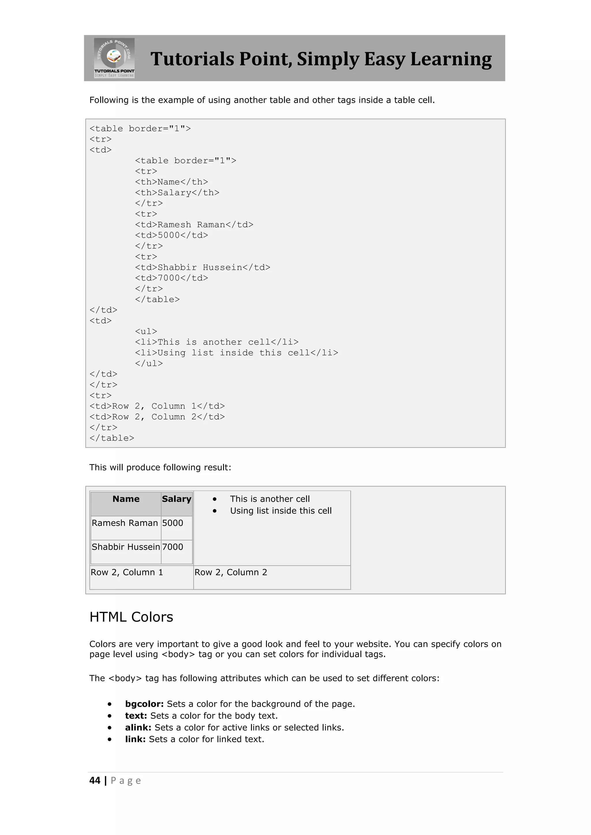 Tutorials Point, Simply Easy Learning
Following is the example of using another table and other tags inside a table cell.


<table border="1">
<tr>
<td>
         <table border="1">
         <tr>
         <th>Name</th>
         <th>Salary</th>
         </tr>
         <tr>
         <td>Ramesh Raman</td>
         <td>5000</td>
         </tr>
         <tr>
         <td>Shabbir Hussein</td>
         <td>7000</td>
         </tr>
         </table>
</td>
<td>
         <ul>
         <li>This is another cell</li>
         <li>Using list inside this cell</li>
         </ul>
</td>
</tr>
<tr>
<td>Row 2, Column 1</td>
<td>Row 2, Column 2</td>
</tr>
</table>


This will produce following result:


        Name     Salary          This is another cell
                                 Using list inside this cell
Ramesh Raman 5000

Shabbir Hussein 7000


Row 2, Column 1           Row 2, Column 2




HTML Colors
Colors are very important to give a good look and feel to your website. You can specify colors on
page level using <body> tag or you can set colors for individual tags.

The <body> tag has following attributes which can be used to set different colors:


        bgcolor: Sets a color for the background of the page.
        text: Sets a color for the body text.
        alink: Sets a color for active links or selected links.
        link: Sets a color for linked text.



44 | P a g e
 