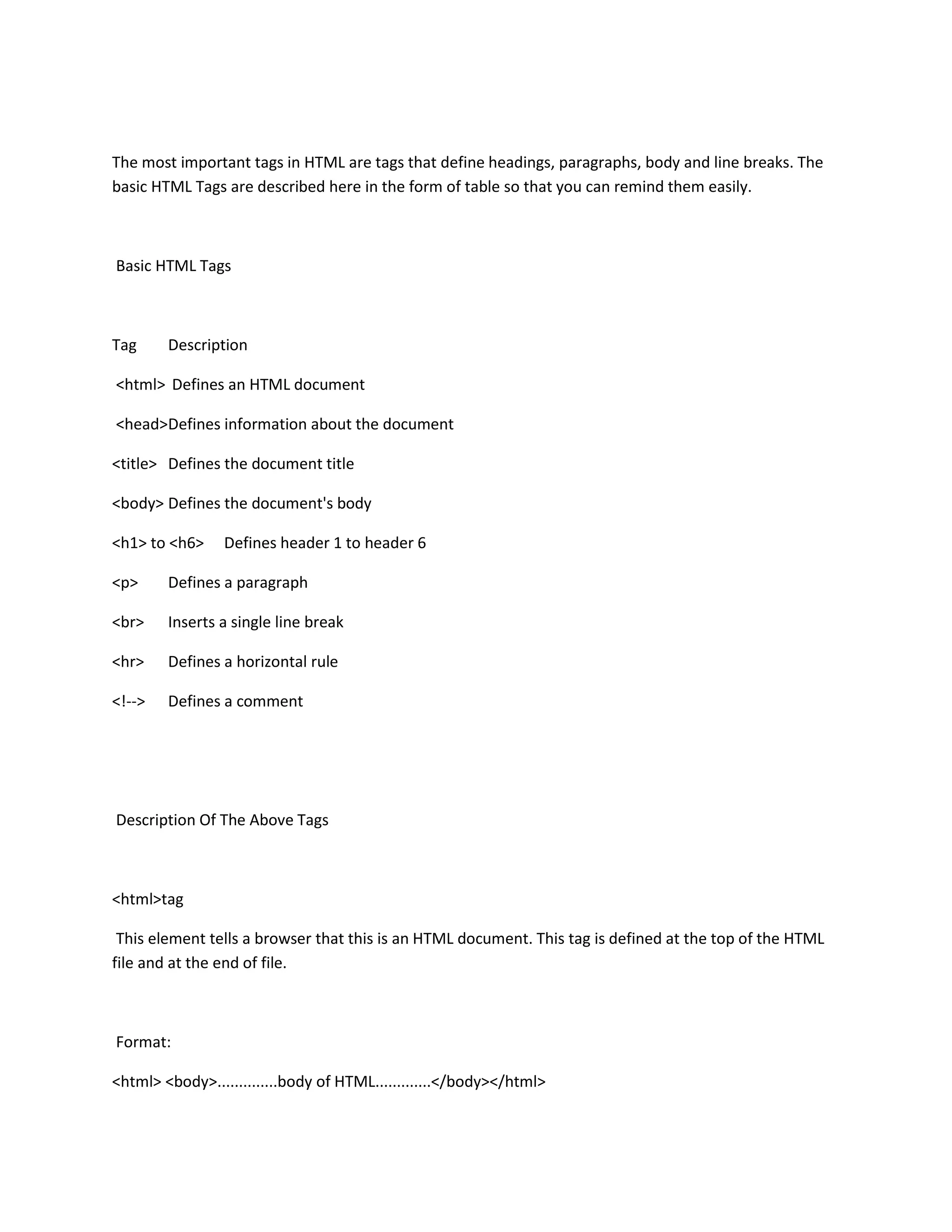 The most important tags in HTML are tags that define headings, paragraphs, body and line breaks. The
basic HTML Tags are described here in the form of table so that you can remind them easily.



Basic HTML Tags



Tag     Description

<html> Defines an HTML document

<head>Defines information about the document

<title> Defines the document title

<body> Defines the document's body

<h1> to <h6>     Defines header 1 to header 6

<p>     Defines a paragraph

<br>    Inserts a single line break

<hr>    Defines a horizontal rule

<!-->   Defines a comment




Description Of The Above Tags



<html>tag

 This element tells a browser that this is an HTML document. This tag is defined at the top of the HTML
file and at the end of file.



Format:

<html> <body>..............body of HTML.............</body></html>
 