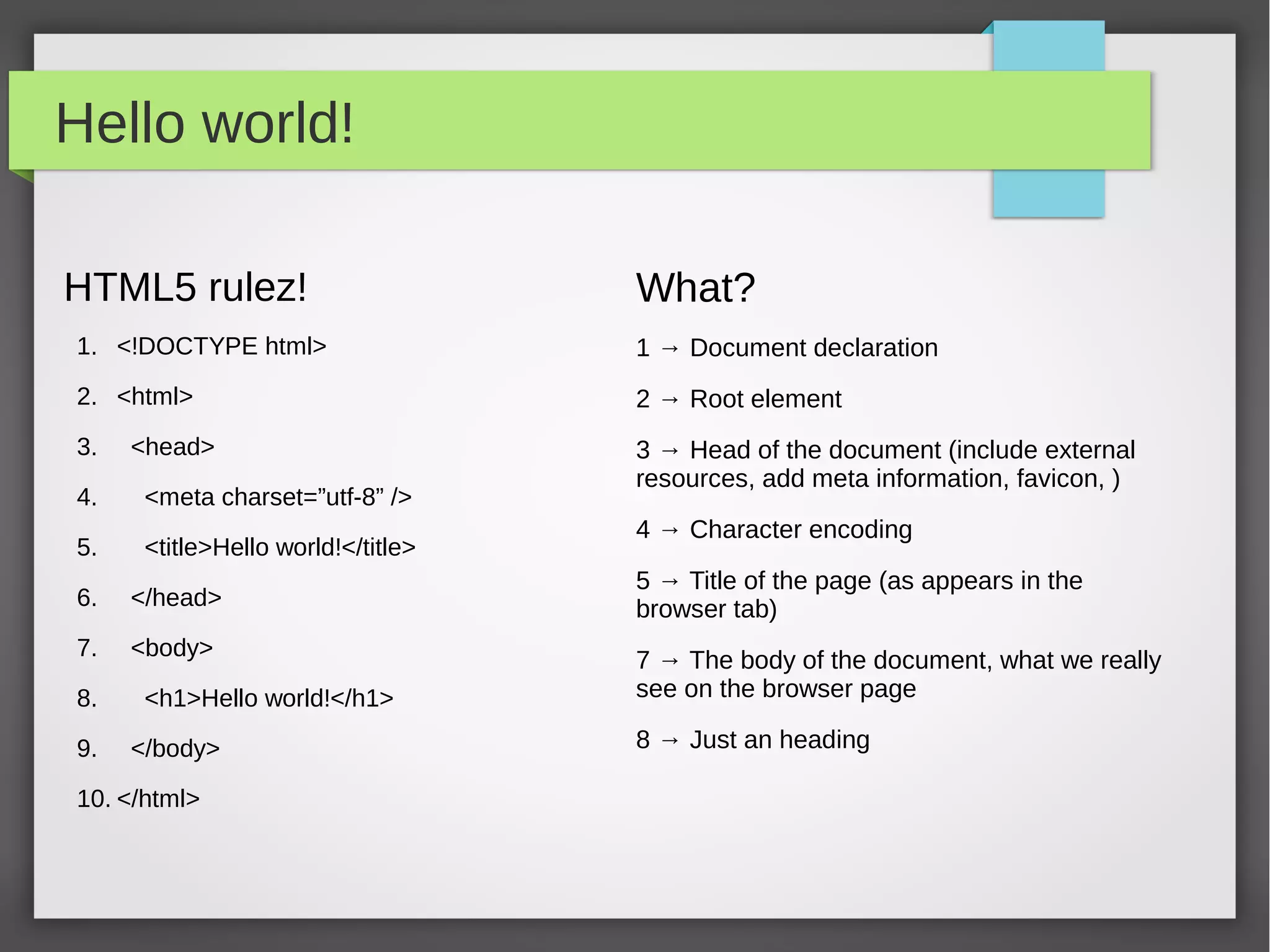 Tools

Browser                                               Text Editor
   While there are many of them, use a good                 Use you preferred text editor here.
   browser please!                                          Suggestions?
   → NO IE
   → FF                                                     Vim (the editor of the beast)
   → Chrome
   → Safari
   → Opera
                                                      Preview
                                                            http://codepen.io
                                                            http://jsfiddle.net
That's it... but
   There are many other tools/browser plugins which may make you happier, why?
   Time saving,
   don't waste time if you can, play more with your children or drink a beer!

Again, Browser?
   FF → Use Firebug! There's no other web development tool which may be compared to it at the time of this
   writing
 