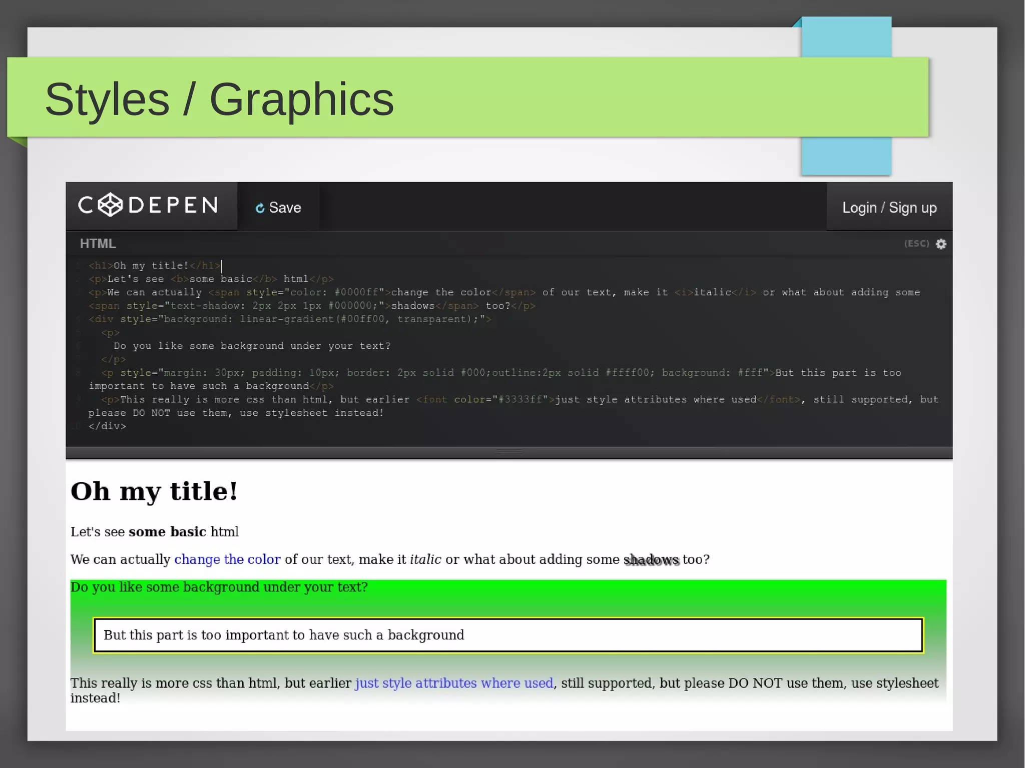 Text Structure
Text structured in nested elements
<nav>
 <ul>
  <li>Menu voice #1</li>
  <li>Menu voice #2</li>
 </ul>
</nav>

<section id=”main”>
 <h1>Main section</h1>
 <article>
   <h1>title</h1>
   <p>Some text</p>
   <ul>
    <li>Item #1</li>
    <li>Item #2</li>
   </ul>
 </article>
</section>
 