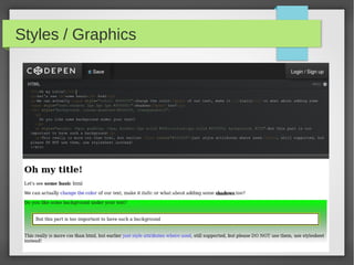Text Structure
Text structured in nested elements
<nav>
 <ul>
  <li>Menu voice #1</li>
  <li>Menu voice #2</li>
 </ul>
</nav>

<section id=”main”>
 <h1>Main section</h1>
 <article>
   <h1>title</h1>
   <p>Some text</p>
   <ul>
    <li>Item #1</li>
    <li>Item #2</li>
   </ul>
 </article>
</section>
 