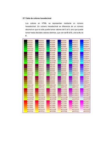 27. Tabla de colores hexadecimal

   Los colores     en   HTML    se   representan    mediante    un   número
   hexadecimal. Un número hexadecimal se diferencia de un número
   decimal en que no sólo puede tomar valores del 0 al 9, sino que puede
   tomar hasta dieciséis valores distintos, que van del 0 al 9, y de la A a la
   F.
 