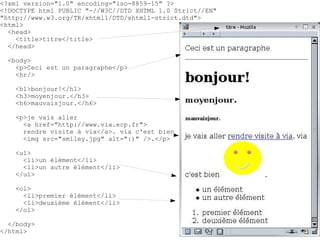 <?xml version="1.0" encoding="iso-8859-15" ?>
<!DOCTYPE html PUBLIC "-//W3C//DTD XHTML 1.0 Strict//EN"
"http://www.w3.org/TR/xhtml1/DTD/xhtml1-strict.dtd">
<html>
  <head>
    <title>titre</title>
  </head>

  <body>
    <p>Ceci est un paragraphe</p>
    <hr/>

    <h1>bonjour!</h1>
    <h3>moyenjour.</h3>
    <h6>mauvaisjour.</h6>

    <p>je vais aller
      <a href="http://www.via.ecp.fr">
      rendre visite à via</a>. via c'est bien
      <img src="smiley.jpg" alt=":)" />.</p>

    <ul>
      <li>un élément</li>
      <li>un autre élément</li>
    </ul>

    <ol>
      <li>premier élément</li>
      <li>deuxième élément</li>
    </ol>

  </body>
</html>
 