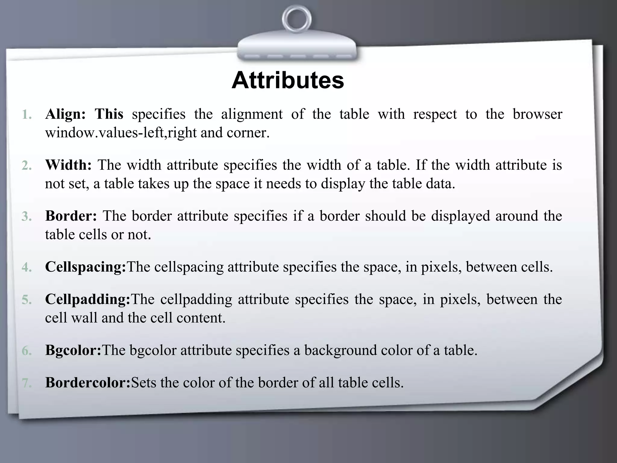 Attributes
1. Align: This specifies the alignment of the table with respect to the browser
window.values-left,right and corner.
2. Width: The width attribute specifies the width of a table. If the width attribute is
not set, a table takes up the space it needs to display the table data.
3. Border: The border attribute specifies if a border should be displayed around the
table cells or not.
4. Cellspacing:The cellspacing attribute specifies the space, in pixels, between cells.
5. Cellpadding:The cellpadding attribute specifies the space, in pixels, between the
cell wall and the cell content.
6. Bgcolor:The bgcolor attribute specifies a background color of a table.
7. Bordercolor:Sets the color of the border of all table cells.
 