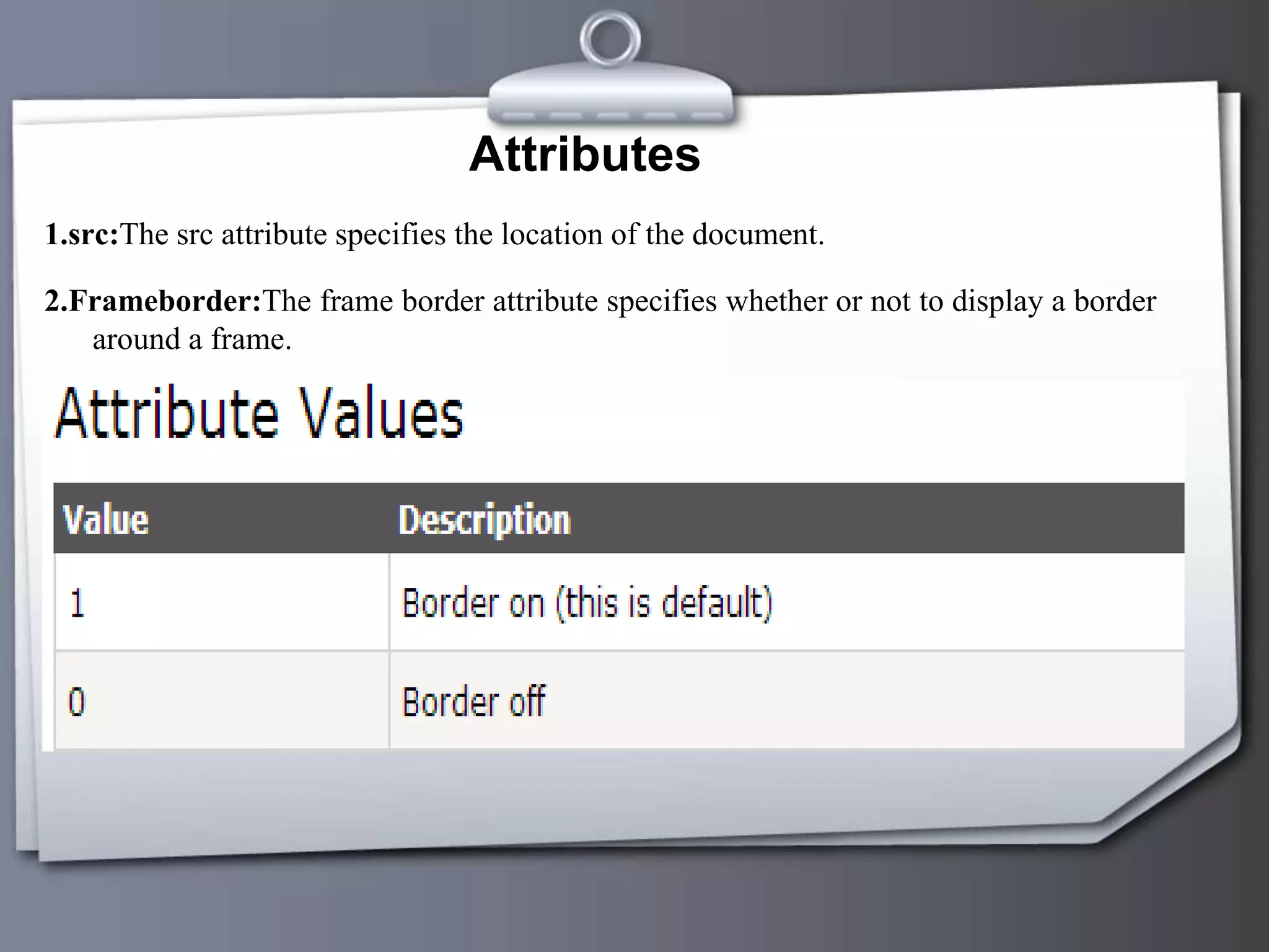 Attributes
1.src:The src attribute specifies the location of the document.
2.Frameborder:The frame border attribute specifies whether or not to display a border
around a frame.
 