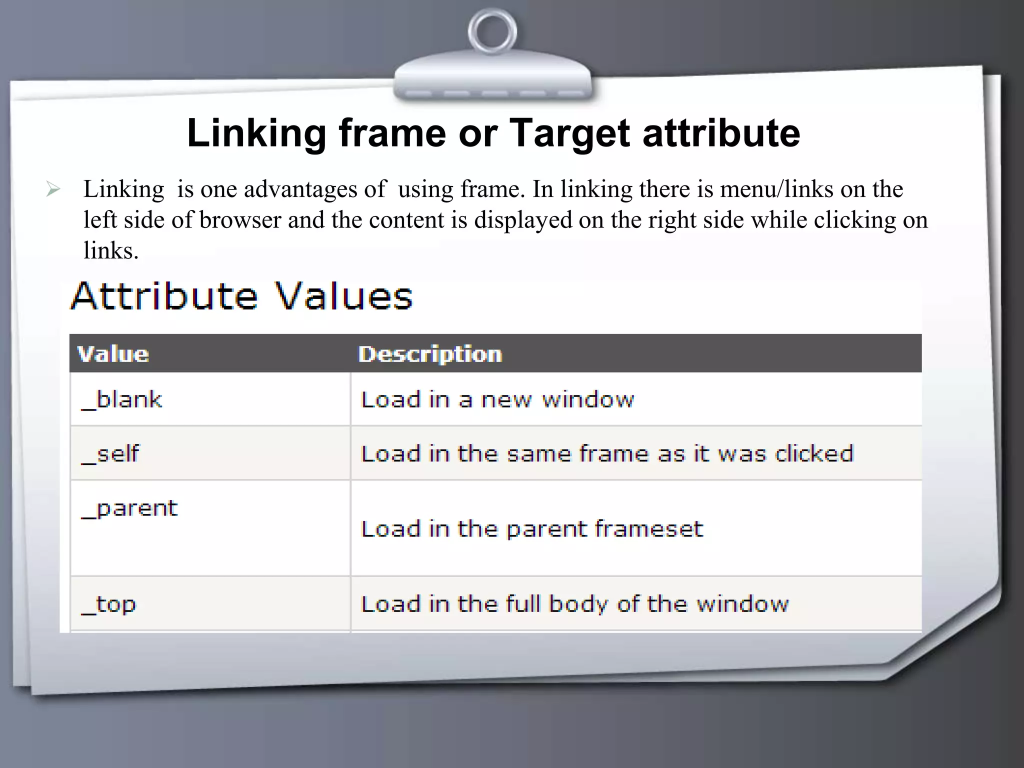 Linking frame or Target attribute
 Linking is one advantages of using frame. In linking there is menu/links on the
left side of browser and the content is displayed on the right side while clicking on
links.
 