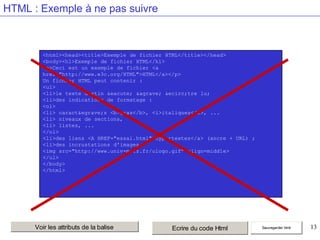 HTML : Exemple à ne pas suivre

<html><head><title>Exemple de fichier HTML</title></head>
<body><h1>Exemple de fichier HTML</h1>
<p>Ceci est un exemple de fichier <a
href="http://www.w3c.org/HTML">HTML</a></p>
Un fichier HTML peut contenir :
<ul>
<li>le texte destin &eacute; &agrave; &ecirc;tre lu;
<li>des indications de formatage :
<ol>
<li> caract&egrave;s <b>gras</b>, <i>italiques</i>, ...
<li> niveaux de sections,
<li> listes, ...
</ol>
<li>des liens <A HREF="essai.html">hypertextes</a> (ancre + URL) ;
<li>des incrustations d'images
<img src="http://www.univ-metz.fr/ulogo.gif" align=middle>
</ul>
</body>
</html>

Voir les attributs de la balise

Ecrire du code Html

Sauvegarder html

13

 