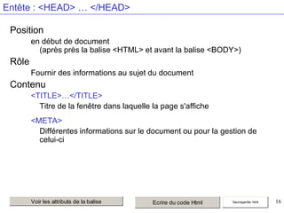 Entête : <HEAD> … </HEAD>
Position
en début de document
(après près la balise <HTML> et avant la balise <BODY>)

Rôle
Fournir des informations au sujet du document

Contenu
<TITLE>…</TITLE>
Titre de la fenêtre dans laquelle la page s'affiche

<META>
Différentes informations sur le document ou pour la gestion de
celui-ci

Voir les attributs de la balise

Ecrire du code Html

Sauvegarder html

16

 