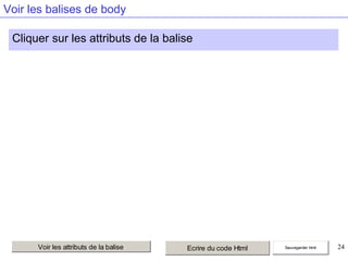 Voir les balises de body
Cliquer sur les attributs de la balise

Voir les attributs de la balise

Ecrire du code Html

Sauvegarder html

24

 