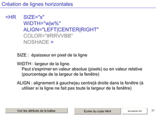 Création de lignes horizontales
<HR

SIZE="s"
WIDTH="w|w%"
ALIGN="LEFT|CENTER|RIGHT"
COLOR="#RRVVBB"
NOSHADE >
SIZE : épaisseur en pixel de la ligne
WIDTH : largeur de la ligne.
Peut s'exprimer en valeur absolue (pixels) ou en valeur relative
(pourcentage de la largeur de la fenêtre)
ALIGN : alignement à gauche|au centre|à droite dans la fenêtre (à
utiliser si la ligne ne fait pas toute la largeur de la fenêtre)

Voir les attributs de la balise

Ecrire du code Html

Sauvegarder html

37

 
