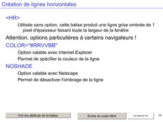 Création de lignes horizontales
<HR>
Utilisée sans option, cette balise produit une ligne grise ombrée de 1
pixel d'épaisseur faisant toute la largeur de la fenêtre

Attention, options particulières à certains navigateurs !
COLOR="#RRVVBB"
Option valable avec Internet Explorer
Permet de spécifier la couleur de la ligne

NOSHADE
Option valable avec Netscape
Permet de désactiver l'ombrage de la ligne

Voir les attributs de la balise

Ecrire du code Html

Sauvegarder html

38

 