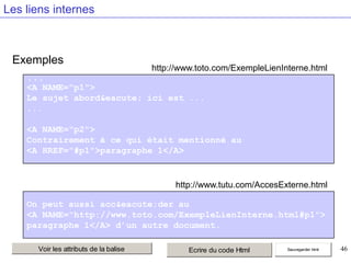Les liens internes

Exemples
...

http://www.toto.com/ExempleLienInterne.html

<A NAME="p1">
Le sujet abord&eacute; ici est ...
...
<A NAME="p2">
Contrairement à ce qui était mentionné au
<A HREF="#p1">paragraphe 1</A>

http://www.tutu.com/AccesExterne.html
On peut aussi acc&eacute;der au
<A NAME="http://www.toto.com/ExempleLienInterne.html#p1">
paragraphe 1</A> d’un autre document.
Voir les attributs de la balise

Ecrire du code Html

Sauvegarder html

46

 