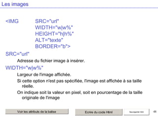 Les images

<IMG

SRC="url"
WIDTH="w|w%"
HEIGHT="h|h%"
ALT="texte"
BORDER="b">

SRC="url"
Adresse du fichier image à insérer.

WIDTH="w|w%"
Largeur de l'image affichée.
Si cette option n'est pas spécifiée, l'image est affichée à sa taille
réelle.
On indique soit la valeur en pixel, soit en pourcentage de la taille
originale de l'image
Voir les attributs de la balise

Ecrire du code Html

Sauvegarder html

48

 