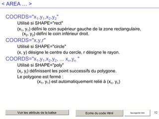 < AREA … >
COORDS="x1,y1,x2,y2"
Utilisé si SHAPE="rect"
(x1, y1) défini le coin supérieur gauche de la zone rectangulaire,
(x2, y2) défini le coin inférieur droit.

COORDS="x,y,r"
Utilisé si SHAPE="circle"
(x, y) désigne le centre du cercle, r désigne le rayon.

COORDS="x1,y1,x2,y2, ... xn,yn "
Utilisé si SHAPE="poly"
(xi, yi) définissent les point successifs du polygone.
Le polygone est fermé :
(x1, y1) est automatiquement relié à (xn, yn)

Voir les attributs de la balise

Ecrire du code Html

Sauvegarder html

52

 