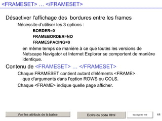 <FRAMESET> … </FRAMESET>
Désactiver l'affichage des bordures entre les frames
Nécessite d’utiliser les 3 options :
BORDER=0
FRAMEBORDER=NO
FRAMESPACING=0

en même temps de manière à ce que toutes les versions de
Netscape Navigator et Internet Explorer se comportent de manière
identique.

Contenu de <FRAMESET> … </FRAMESET>
Chaque FRAMESET contient autant d’éléments <FRAME>
que d'arguments dans l'option ROWS ou COLS.
Chaque <FRAME> indique quelle page afficher.

Voir les attributs de la balise

Ecrire du code Html

Sauvegarder html

68

 