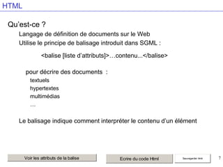 HTML
Qu’est-ce ?
Langage de définition de documents sur le Web
Utilise le principe de balisage introduit dans SGML :

<balise [liste d’attributs]>…contenu...</balise>
pour décrire des documents :
textuels
hypertextes
multimédias
…

Le balisage indique comment interpréter le contenu d’un élément

Voir les attributs de la balise

Ecrire du code Html

Sauvegarder html

7

 