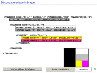 Découpage unique imbriqué

<FRAMESET COLS="50%,*" BORDER="2" FRAMEBORDER="YES" FRAMESPACING="2">
<FRAME NAME="1" SRC="1.html" SCROLLING="yes">
<FRAMESET ROWS="33%,33%,*">
<FRAME NAME="2" SRC="2.html" SCROLLING="auto">
<FRAME NAME="3" SRC="3.html" SCROLLING="auto">
<FRAMESET COLS="50%,*">
<FRAME NAME="4" SRC="4.html" SCROLLING="auto">
<FRAME NAME="5" SRC="5.html" SCROLLING="auto">
</FRAMESET>

<FRAMESET>
</FRAMESET>

Voir les attributs de la balise

Ecrire du code Html

Sauvegarder html

74

 