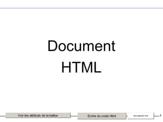 Document
HTML

Voir les attributs de la balise

Ecrire du code Html

Sauvegarder html

8

 