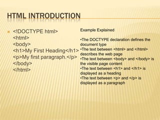 HTML INTRODUCTION


Example Explained
<!DOCTYPE html>
<html>
•The DOCTYPE declaration defines the
document type
<body>
<h1>My First Heading</h1> •The text between <html> and </html>
describes the web page
<p>My first paragraph.</p> •The text between <body> and </body> is
the visible page content
</body>
•The text between <h1> and </h1> is
</html>
displayed as a heading
•The text between <p> and </p> is
displayed as a paragraph

 