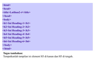 <html>
<head>
<title>Latihan2-4</title>
</head>
<body>
<h1>Ini Heading-1</h1>
<h2>Ini Heading-2</h2>
<h3>Ini Heading-3</h3>
<h4>Ini Heading-4</h4>
<h5>Ini Heading-5</h5>
<h6>Ini Heading-6</h6>
</body>
</html>
Tugas tambahan:
Tempatkanlah tampilan isi element H3 di kanan dan H5 di tengah.

 