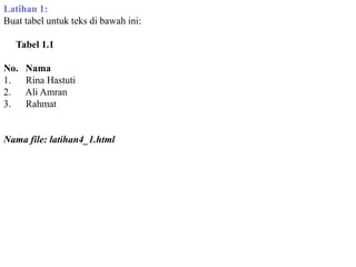 Latihan 1:
Buat tabel untuk teks di bawah ini:
Tabel 1.1
No.
1.
2.
3.

Nama
Rina Hastuti
Ali Amran
Rahmat

Nama file: latihan4_1.html

 