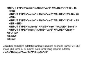 <INPUT TYPE="radio" NAME="var3" VALUE="r1">10 - 15
<BR>
<INPUT TYPE="radio" NAME="var3" VALUE="r2">16 - 20
<BR>
<INPUT TYPE="radio" NAME="var3" VALUE="r3">21 - 25
<BR><BR>
<INPUT TYPE="submit" NAME="var4" VALUE="Send">
<INPUT TYPE="reset" NAME="var5" VALUE="Clear">
</FORM>
</body>
</html>

Jika diisi namanya adalah Rahmat ; student di check ; umur 21-25 ;
maka jika form ini di submit data form yang terkirim adalah
var1="Rahmat"&var2="1"&var3="r3"

 