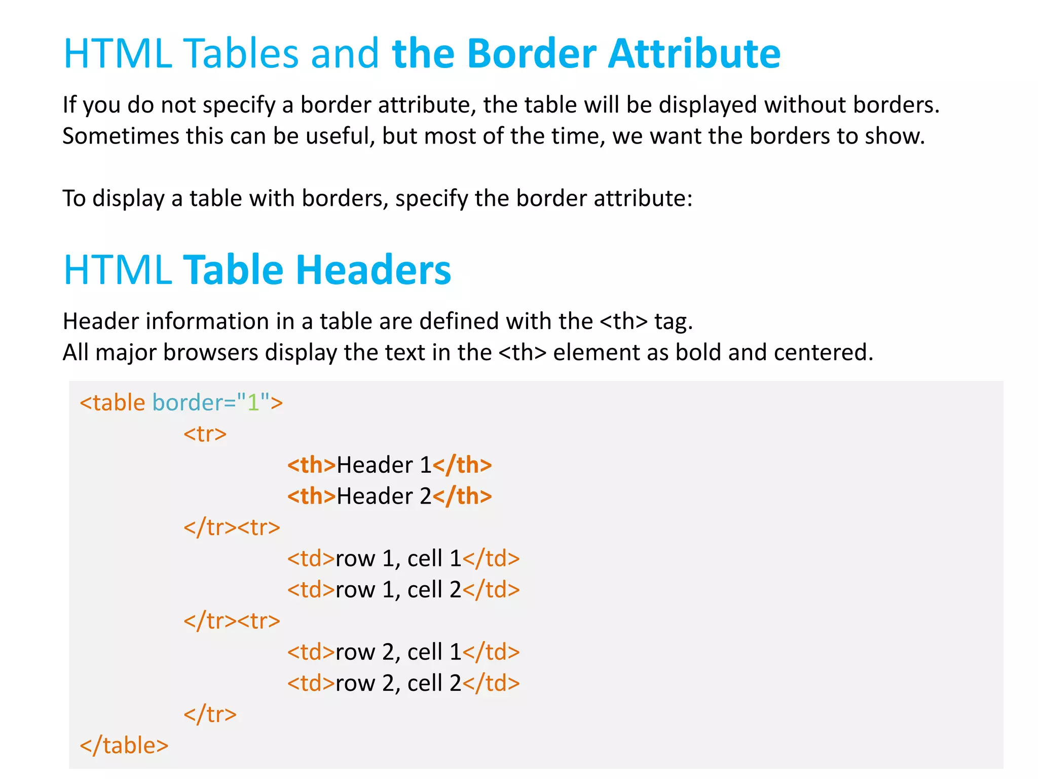 HTML Tables and the Border Attribute
If you do not specify a border attribute, the table will be displayed without borders.
Sometimes this can be useful, but most of the time, we want the borders to show.
To display a table with borders, specify the border attribute:

HTML Table Headers
Header information in a table are defined with the <th> tag.
All major browsers display the text in the <th> element as bold and centered.
<table border="1">
<tr>
<th>Header 1</th>
<th>Header 2</th>
</tr><tr>
<td>row 1, cell 1</td>
<td>row 1, cell 2</td>

</tr><tr>
<td>row 2, cell 1</td>
<td>row 2, cell 2</td>
</tr>
</table>

 