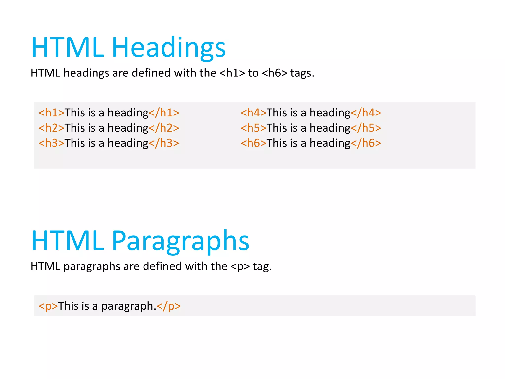 HTML Headings
HTML headings are defined with the <h1> to <h6> tags.
<h1>This is a heading</h1>
<h2>This is a heading</h2>
<h3>This is a heading</h3>

<h4>This is a heading</h4>
<h5>This is a heading</h5>
<h6>This is a heading</h6>

HTML Paragraphs
HTML paragraphs are defined with the <p> tag.
<p>This is a paragraph.</p>

 