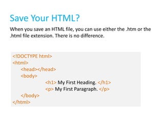 Save Your HTML?
When you save an HTML file, you can use either the .htm or the
.html file extension. There is no difference.

<!DOCTYPE html>
<html>
<head></head>
<body>
<h1> My First Heading. </h1>
<p> My First Paragraph. </p>
</body>
</html>

 
