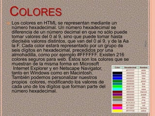 COLORES


HTML

Los colores en HTML se representan mediante un
número hexadecimal. Un número hexadecimal se
diferencia de un número decimal en que no sólo puede
tomar valores del 0 al 9, sino que puede tomar hasta
dieciséis valores distintos, que van del 0 al 9, y de la Aa
la F. Cada color estará representado por un grupo de
seis dígitos en hexadecimal, precedidos por una
almohadilla, como por ejemplo #FFFFFF. Existen 216
colores seguros para web. Éstos son los colores que se
muestran de la misma forma en Microsoft
Internet Explorer y en Netscape Navigator,
tanto en Windows como en Macintosh.
También podemos personalizar nuestros
propios colores, modificando los valores de
cada uno de los dígitos que forman parte del
número hexadecimal.
6

 
