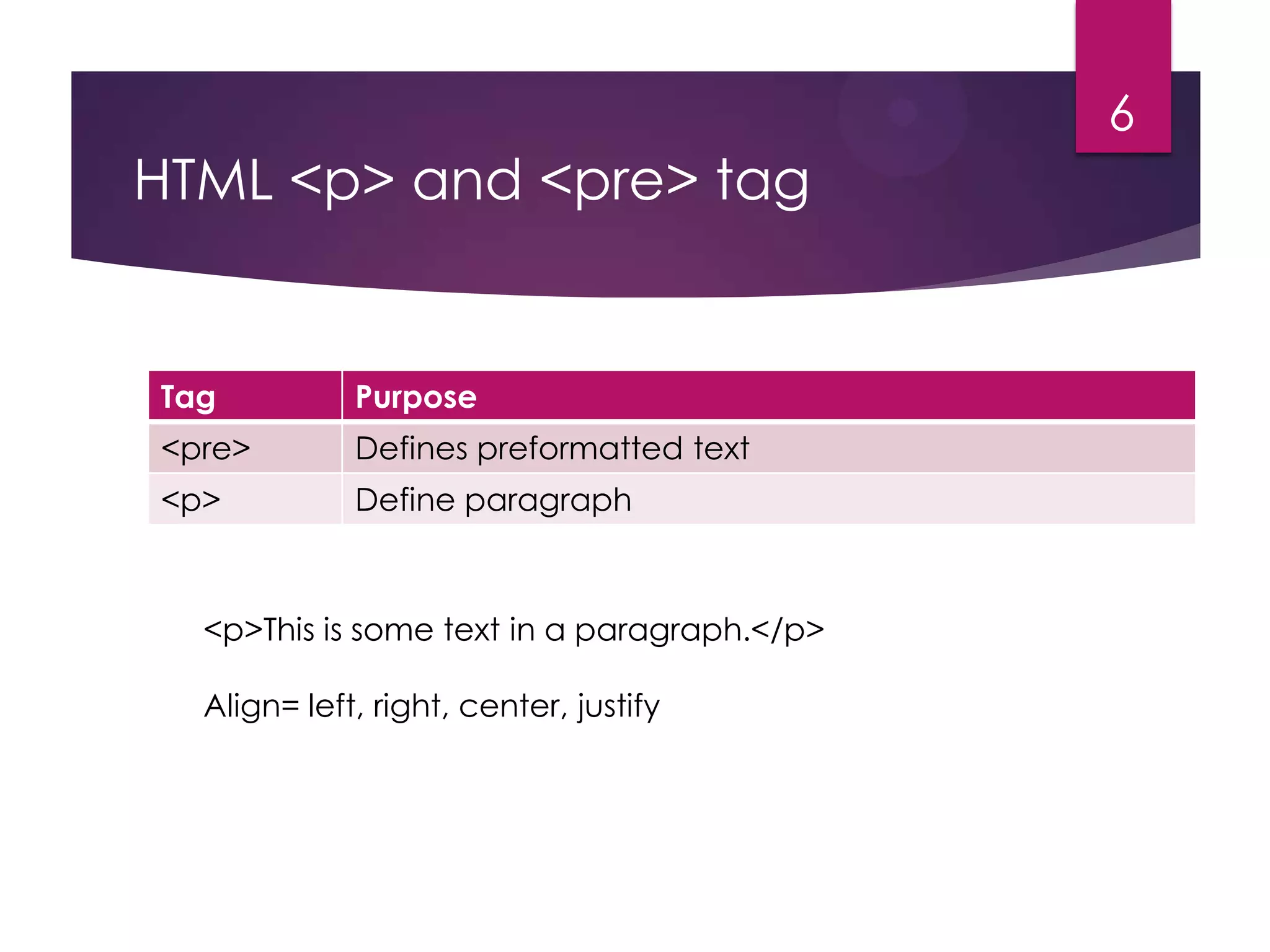 6

HTML <p> and <pre> tag

Tag

Purpose

<pre>

Defines preformatted text

<p>

Define paragraph

<p>This is some text in a paragraph.</p>
Align= left, right, center, justify

 