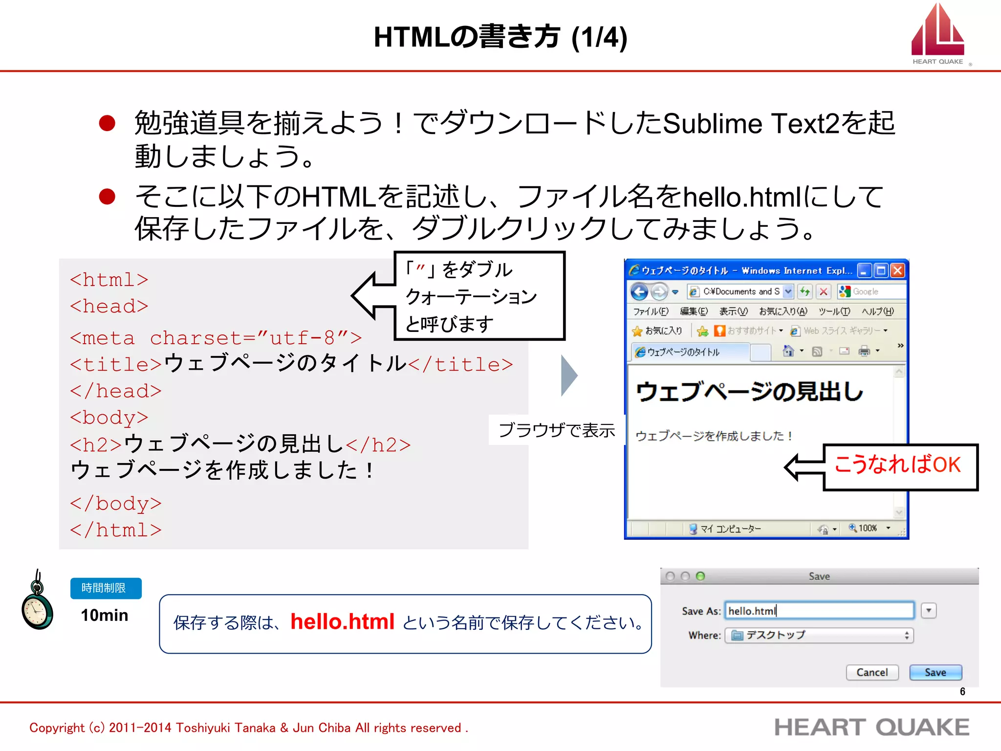 6 
⽇日本語が変な⽂文字になったら 
l この現象を「⽂文字化け」といいます。⽂文字化けの原因は・・・ 
ü meta charset = ”utf-8”  と正しく書いてますか？ 
ü ブラウザのエンコードはUTF-8になっていますか？ 
ü ダブルクォーテーション「”」が半⾓角になっていますか？ 
補⾜足 
chromeを 
使っている⼈人向けまずはスパナ 
Copyright (c) 株式会社HEART QUAKE All rights reserved . 
マークを 
クリック 
IEを 
使っている⼈人向け 
まずはブラウザ 
上で右クリック 
 