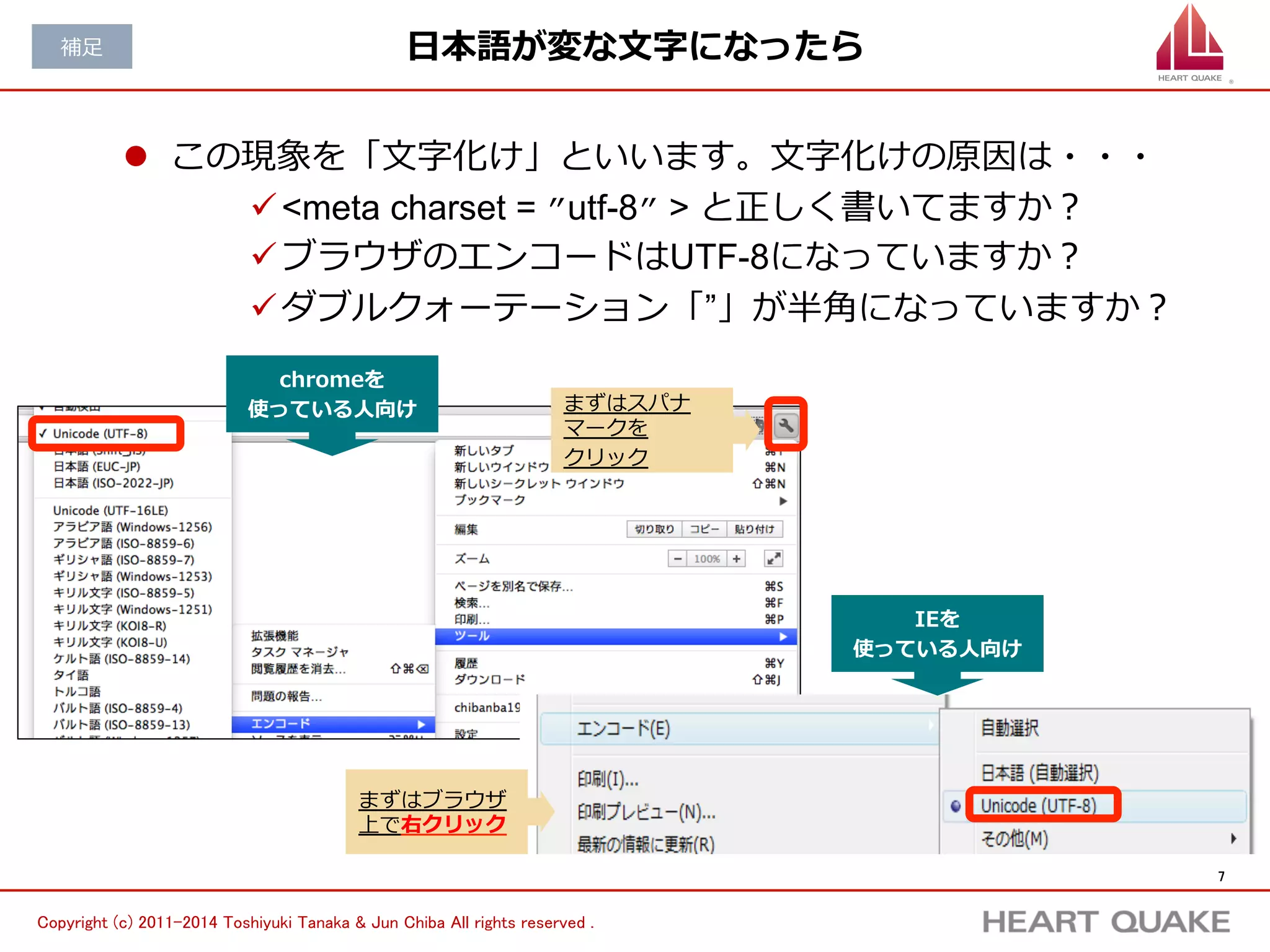 7 
ブラウザからは 
⾒見見えない 
ウェブページに関す 
る 
あれこれを設定する 
Copyright (c) 株式会社HEART QUAKE All rights reserved . 
HTMLの書き⽅方 (2/4) 
html 
head 
meta charset=”utf-8” 
meta name=”keywords” content=”このページのキーワード” 
meta name=”description” content=”このページの概要” 
titleウェブページのタイトル/title 
/head 
body 
h2ウェブページの見出し/h2 
ウェブページを作成しました！ 
/body 
/html 
HTMLヘッダ 
ボディ 
ブラウザから 
⾒見見える 
ウェブページの中⾝身 
を 
あれこれ記述 
HTMLは⼤大きく分けて２つの部品に 
分けることができます。 
１つはこのサイトについての 
あれこれ（タイトルなど）を 
記述するヘッダ（頭）、 
もう⼀一つが実際に画⾯面に表⽰示する 
内容を記述するボディ（体）です。 
 