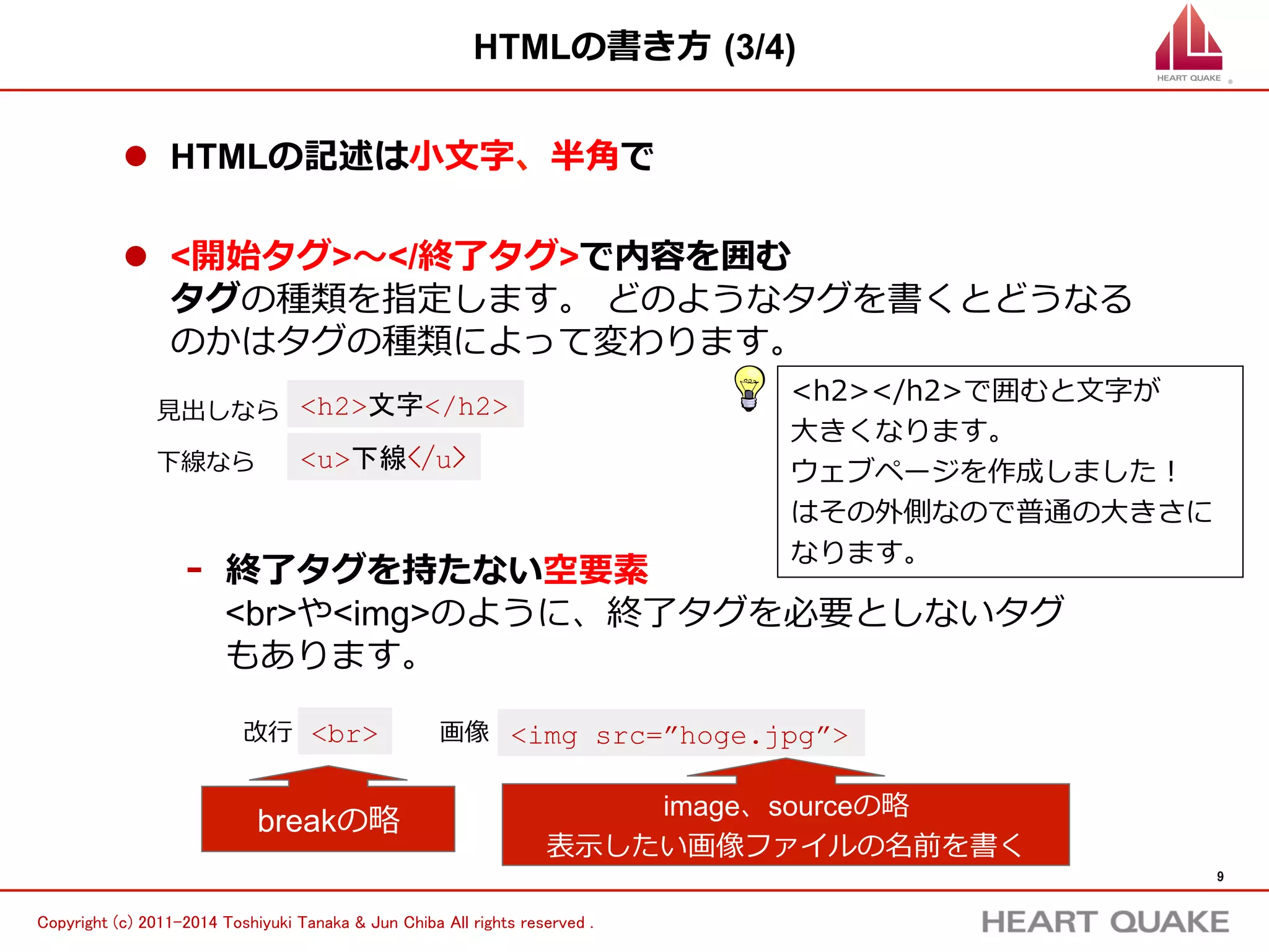 9 
Copyright (c) 株式会社HEART QUAKE All rights reserved . 
HTMLの書き⽅方 (4/4) 
- h1 〜～ h6 
- p 
- table 
ü tr / th / td 
- ul / ol 
ü li 
- dl 
ü dt / dd 
- div 
- form 
- a 
- img 
- span 
- Input 
- button 
- select 
ü option 
HTMLタグの種類（⼀一例例） 
エンジニアも全てのタグを 
覚えているわけではありません。 
みなさんも使いながら徐々に 
覚えて⾏行行きましょう！ 
 