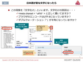 7 
ブラウザからは 
⾒見見えない 
ウェブページに関す 
る 
あれこれを設定する 
Copyright (c) 株式会社HEART QUAKE All rights reserved . 
HTMLの書き⽅方 (2/4) 
html 
head 
meta charset=”utf-8” 
meta name=”keywords” content=”このページのキーワード” 
meta name=”description” content=”このページの概要” 
titleウェブページのタイトル/title 
/head 
body 
h2ウェブページの見出し/h2 
ウェブページを作成しました！ 
/body 
/html 
HTMLヘッダ 
ボディ 
ブラウザから 
⾒見見える 
ウェブページの中⾝身 
を 
あれこれ記述 
HTMLは⼤大きく分けて２つの部品に 
分けることができます。 
１つはこのサイトについての 
あれこれ（タイトルなど）を 
記述するヘッダ（頭）、 
もう⼀一つが実際に画⾯面に表⽰示する 
内容を記述するボディ（体）です。 
 