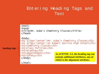Ent er i ng Headi ng Tags and
Tex t

heading tags
As of HTML 3.2, the heading tag can
contain additional attributes, one of
which is the alignment attribute.

 