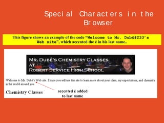 Spec i al Char ac t er s i n t he
Br ows er
This figure shows an example of the code “Welcome to Mr. Dubé’s
Web site”, which accented the é in his last name..

accented é added
to last name

 