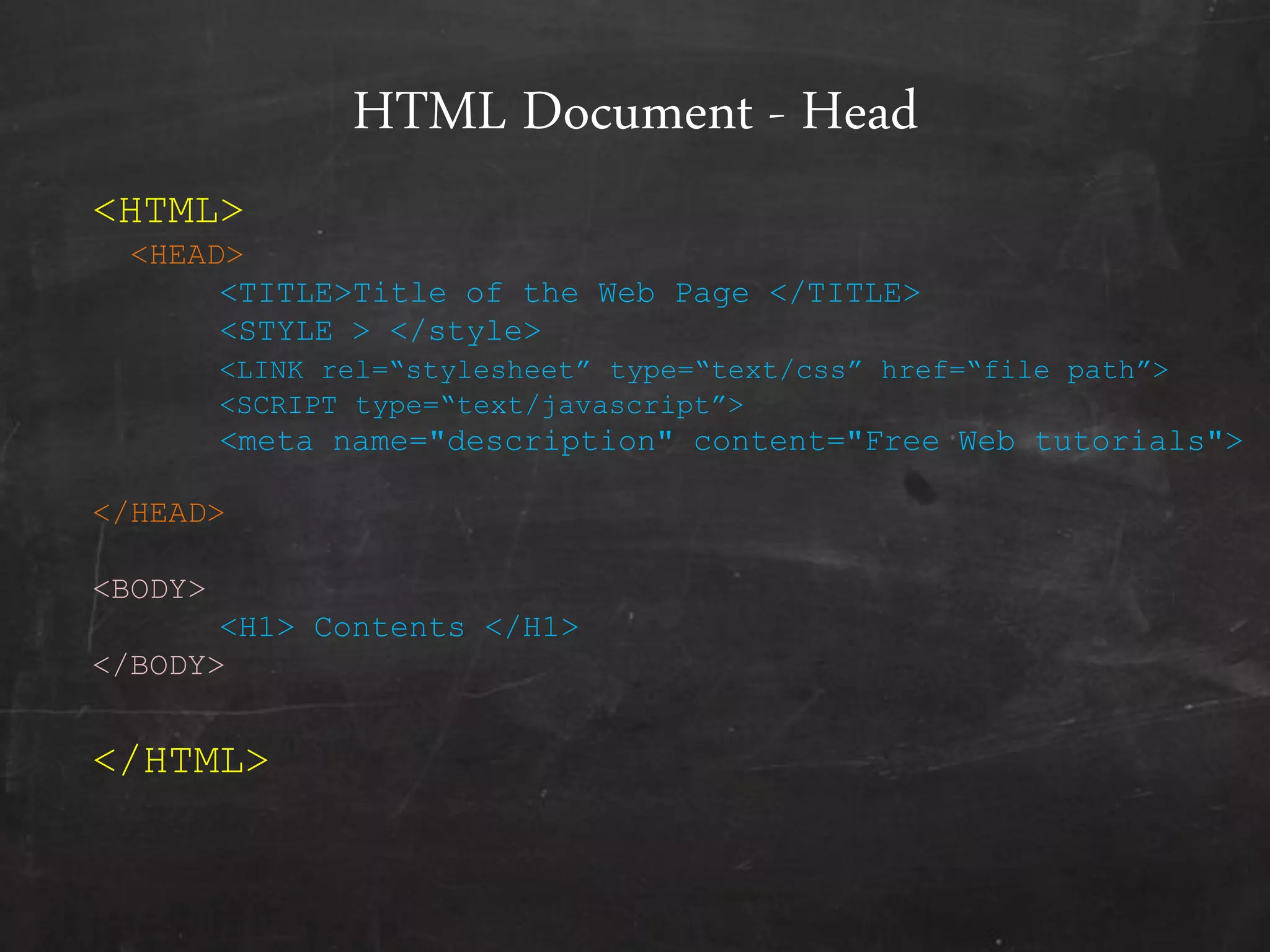 HTML Document - Head
<HTML>
<HEAD>
<TITLE>Title of the Web Page </TITLE>
<STYLE > </style>
<LINK rel=“stylesheet” type=“text/css” href=“file path”>
<SCRIPT type=“text/javascript”>
<meta name="description" content="Free Web tutorials">
</HEAD>
<BODY>
<H1> Contents </H1>
</BODY>
</HTML>
 