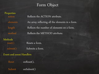 Form Object
action Reflects the ACTION attribute.
elements An array reflecting all the elements in a form.
length Reflects the number of elements on a form.
method Reflects the METHOD attribute.
reset() Resets a form.
submit() Submits a form.
Properties
Methods
Event and event Handlers
Reset onReset(),
Submit onSubmit()
 