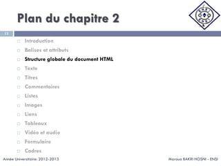 Plan du chapitre 2
Maroua BAKRI HOSNI - ENSI
13
 Introduction
 Balises et attributs
 Structure globale du document HTML
 Texte
 Titres
 Commentaires
 Listes
 Images
 Liens
 Tableaux
 Vidéo et audio
 Formulaire
 Cadres
Année Universitaire: 2012-2013
 