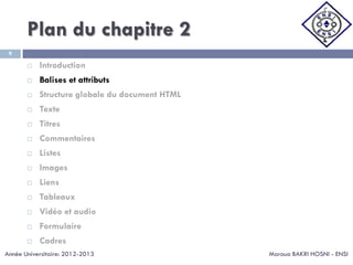 Plan du chapitre 2
Maroua BAKRI HOSNI - ENSI
9
 Introduction
 Balises et attributs
 Structure globale du document HTML
 Texte
 Titres
 Commentaires
 Listes
 Images
 Liens
 Tableaux
 Vidéo et audio
 Formulaire
 Cadres
Année Universitaire: 2012-2013
 