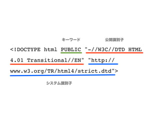 <!DOCTYPE html PUBLIC "-//W3C//DTD HTML
4.01 Transitional//EN" "http://
www.w3.org/TR/html4/strict.dtd">
公開識別子キーワード
システム識別子
 