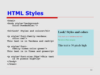 11
HTML Styles
<html>
<body style="background-
color:PowderBlue;">
<h1>Look! Styles and colors</h1>
<p style="font-family:verdana;
color:red">
This text is in Verdana and red</p>
<p style="font-
family:times;color:green">
This text is in Times and green</p>
<p style="font-size:30px">This text
is 30 pixels high</p>
</body>
</html>
 