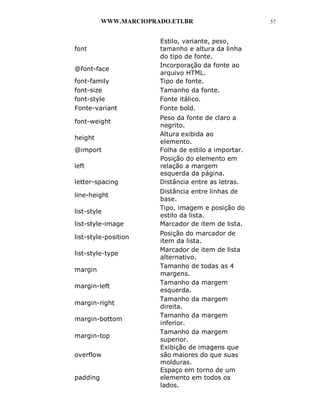 WWW.MARCIOPRADO.ETI.BR 57
font
Estilo, variante, peso,
tamanho e altura da linha
do tipo de fonte.
@font-face
Incorporação da fonte ao
arquivo HTML.
font-family Tipo de fonte.
font-size Tamanho da fonte.
font-style Fonte itálico.
Fonte-variant Fonte bold.
font-weight
Peso da fonte de claro a
negrito.
height
Altura exibida ao
elemento.
@import Folha de estilo a importar.
Posição do elemento em
left relação a margem
esquerda da página.
letter-spacing Distância entre as letras.
line-height
Distância entre linhas de
base.
list-style
Tipo, imagem e posição do
estilo da lista.
list-style-image Marcador de item de lista.
list-style-position
Posição do marcador de
item da lista.
list-style-type
Marcador de item de lista
alternativo.
margin
Tamanho de todas as 4
margens.
margin-left
Tamanho da margem
esquerda.
margin-right
Tamanho da margem
direita.
margin-bottom
Tamanho da margem
inferior.
margin-top
Tamanho da margem
superior.
Exibição de imagens que
overflow
padding
são maiores do que suas
molduras.
Espaço em torno de um
elemento em todos os
lados.
 