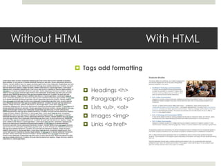 Without HTML With HTML
 Tags add formatting
 Headings <h>
 Paragraphs <p>
 Lists <ul>, <ol>
 Images <img>
 Links <a href>
 